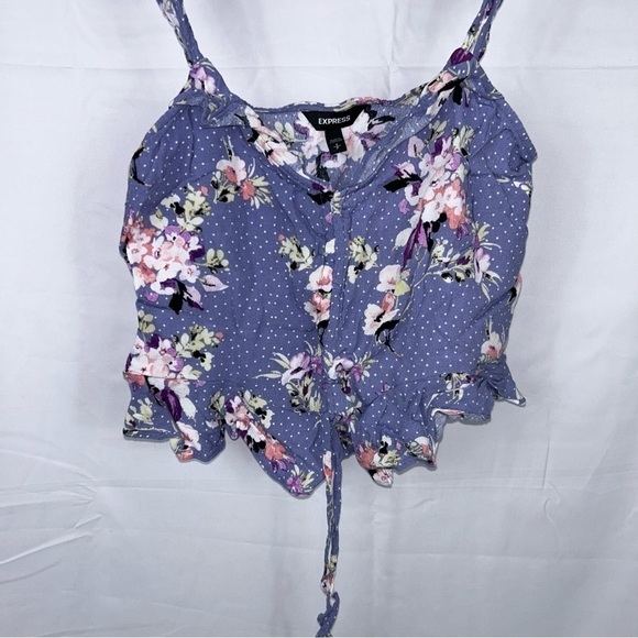 Express Tank Top Ruched Ruffle Flutter Sleeves Round Hem Dotted Floral Crop Tank - Picture 5 of 9